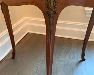 14. Antique Fruitwood Side Table w/ Marble Top & Brass Detail (31'' x 30'' x 30'')