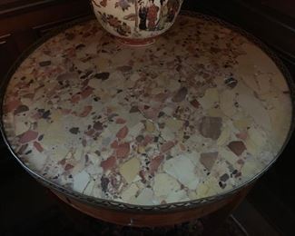 22. Antique Fruitwood Side Table w/ Brass Gallery & Marble Top (28'' x 29'')