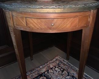 22. Antique Fruitwood Side Table w/ Brass Gallery & Marble Top (28'' x 29'')