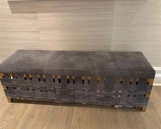59. Grey Suede w/ Brass & Woven Suede Base Storage Bench (60'' x 19'' x 19'')