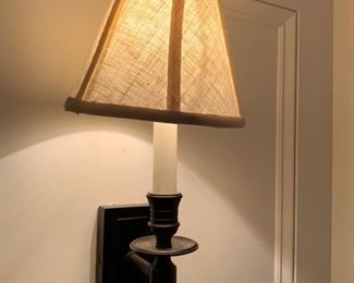 57. Pair of Ebony Oak Sconces w/ Brass Detail & Linen Shades (9'' x 17'')