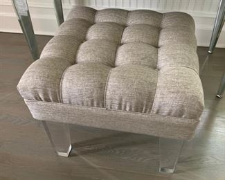 89. Custom Upholstered Linen Tufted Bench w/ Lucite Legs (24'' x 24'' x 21'')