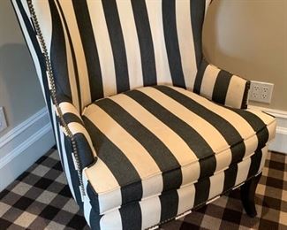 144. Pair of Wingback Armchairs w/ Nailhead Detail and Grey & White Striped Upholstry (35'' x 38'' x 41'')