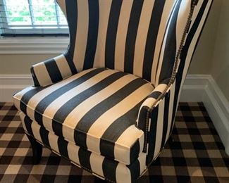 144. Pair of Wingback Armchairs w/ Nailhead Detail and Grey & White Striped Upholstry (35'' x 38'' x 41'')