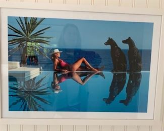 Photograph of Women Poolside w/ 2 Dog Statues