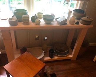 Look at all this lovely original pottery and earthenware. That parlor table is also handmade from the 60s