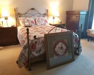 Quenn size Iron bed, mattress, matching bedspread pillowcases