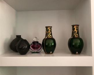 Rare and Fine Mont Joye Signed Art Nouveau Gold Relief-Enameled Mistletoe Vases 