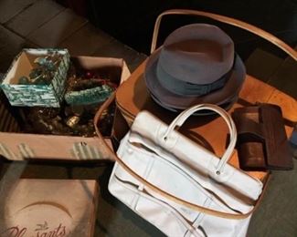 Attic finds - Old Christmas, Picnic Basket, leather tote, men's hats