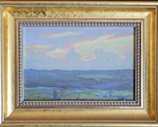 M-36: "Clouds at Sunset". Oil on Board. Signed lower left. $700.00.