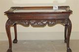 ANTIQUE MAHOGANY CARVED TEA TABLE WITH REMOVABLE GLASS TRAY TOP
