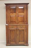 1700'S CHERRY CABINET WITH 1800'S MOLDINGS AND DRAWER ADDITIONS. VERY VERY RARE PIECE IN EXCELLENT CONDITION COMPLETELY HAND HEWN WITH HAND FORGED SQUARE NAIL HEADS
