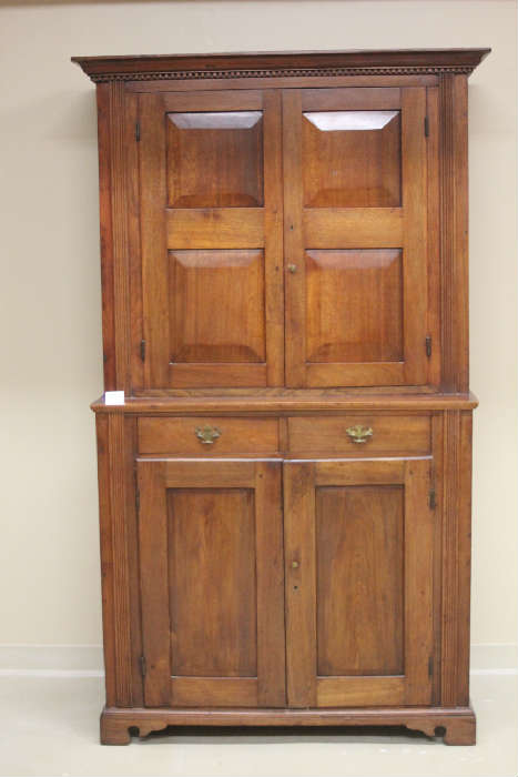 1700'S CHERRY CABINET WITH 1800'S MOLDINGS AND DRAWER ADDITIONS. VERY VERY RARE PIECE IN EXCELLENT CONDITION COMPLETELY HAND HEWN WITH HAND FORGED SQUARE NAIL HEADS