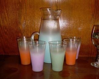 Mid Century ,West Virginia Glass Blendo Frosted Pitcher and 6 Glasses