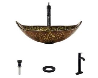 Glass Vessel Sink in Green and Brown Foil Undertone with 718 Faucet and Pop-Up Drain in Antique Bronze