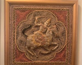 Vintage Burmese Kalaga Myanmar 18” x 18” tapestry framed