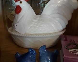 Large Milk Glass Rooster Covered Dish