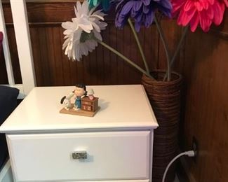 White 5-drawer chest with "bling" drawer pulls and pair of night tables