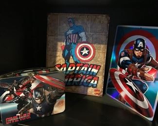 Captain America lunch box and metal wall art