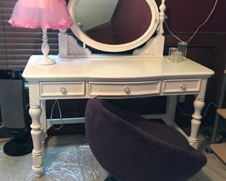 "ROOMGEAR" Vanity / Desk with Mirror. Round plum Pedestal chair 