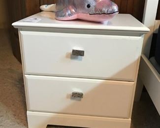 White 5-drawer chest with "bling" drawer pulls and pair of night tables