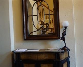 Mirror and  Rustic Cabinet with Modern Lamp.