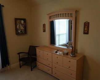 Large Dresser with Mirror. Small Bedroom Chair.