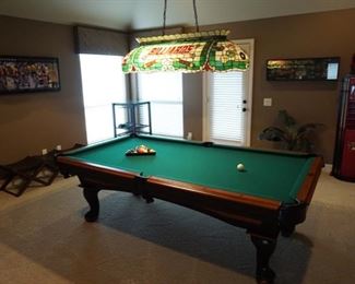 Game room Pool Table. Stained Glass Light Fixture.