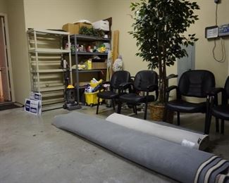 Large Rug with Office Chairs. Metal Frame Shelves. Tree.