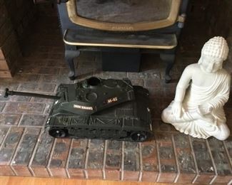 Vintage G I Joe Iron Knight  M-41 Tank (owner remembers ordering it from the Sears catalog). Sitting Buddha statue.