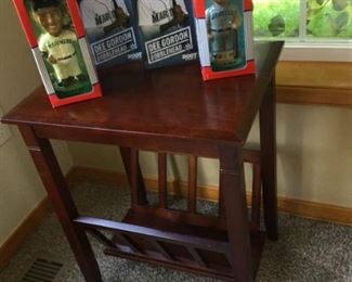 Magazine Rack/Table, 2 Ichiro and 2 Dee Gordon Bobbleheads.