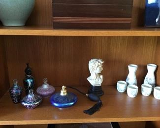 Art Glass Perfume Bottles, Bust of Michelangelo's David, 2 Sake sets.