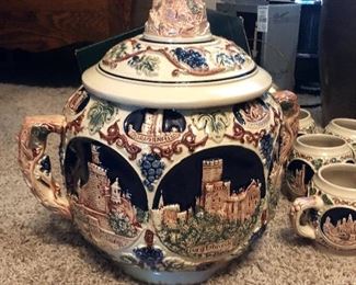 VINTAGE Stoneware GERZ West Germany Ceramic Tureen Punch Bowl Set With 7 Matching Cups