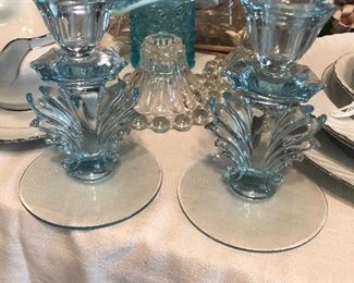 Amazing pair of Fostoria light blue candle holders