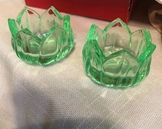 5 Vintage Westmoreland Green Depression Glass Lotus Flower Open Salt Cellar/Dip
