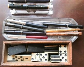 Fountain pens and antique dominoes