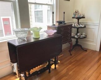 Gateleg table, Victorian glass, flatware chest  (note: tiered stand not for sale)