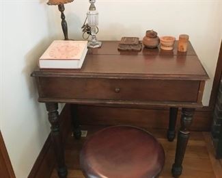 Pairpoint bronze lamp base, electrified whale oil lamp, antique desk and piano stool