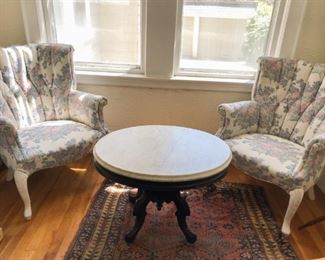 Marble top table, shabby chic chairs, oriental rug