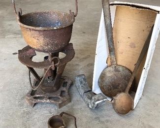 Antique Cast Iron Lead Melting Pot, Burner Stand and accessories.