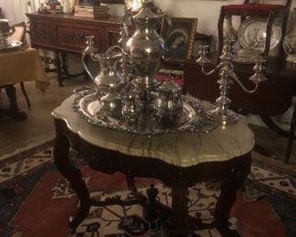 Antique Marble Top Mahogany Parlor Table and Tea set