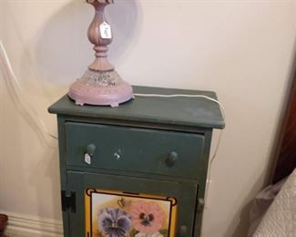 night stand and antique lamp