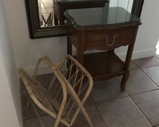 Wall mirror, bamboo magazine rack, and nightstand