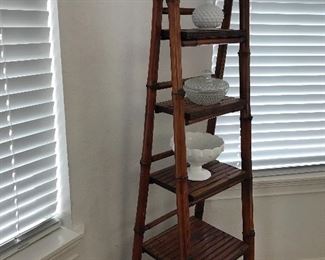 Bamboo ladder stand and milk glass