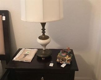 One of two lamps - brass and white china