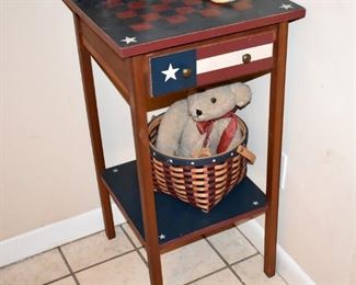 LOVELY PATRIOTIC USA THEM SIDE TABLE, JUST IN TIME FOR JULY 4 FESTIVITIES. THE TABLE HAS A DRAWER IN ADDITION TO THE UNDERSHELF.                                    This is one of several Patriotic Theme choices from this nice estate. Choices include a US Flag replication made of strips of painted wood.