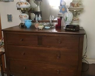 Antique Dresser and Mirror, Pair of Electrified Hurricane Lamps, etc.