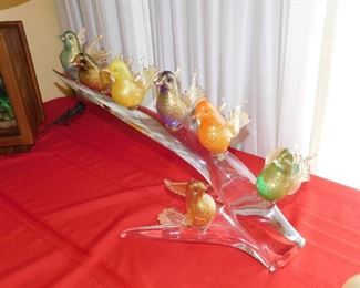 Murano glass birds on glass branch sculpture