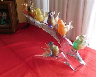 Murano glass sculpture with bird siting on branch signed by Cammozo