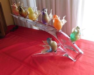 Murano glass sculpture with bird siting on branch signed by Cammozo